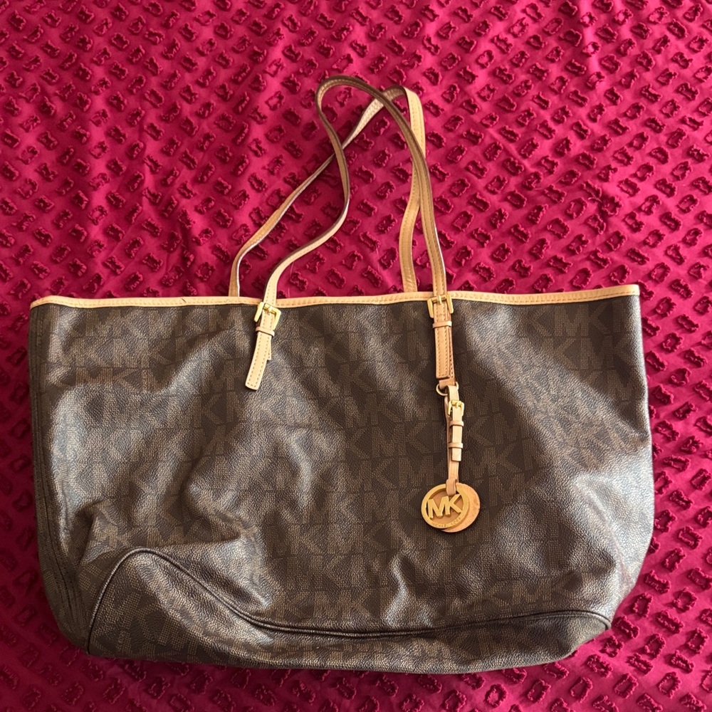 Michael Kors Brown Logo Tote with Gold Charm and Tan Trim